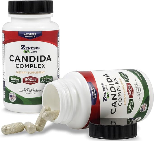Zenesis Labs Candida Complex Cleanse Detox Caprylic Acid Supplement, Oregano Extract, Probiotics, Enzymes - Bulk 180 Capsules, 90 Day Supply (60 Capsules/Bottle)