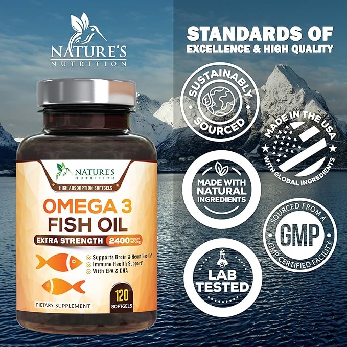 Triple Strength Omega 3 Fish Oil - 2400 mg Natural Omega-3 Supplements Support Brain, Heart & Joint Health with EPA & DHA Essential Fatty Acids - Lemon Flavor, Burpless, Wild Caught - 120 Softgels