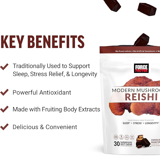 FORCE FACTOR Modern Mushrooms Soft Chews, Reishi Mushroom Supplement to Support Sleep, Stress Relief, & Longevity, Antioxidants Supplement, Delicious Chocolate Peanut Butter Cup Flavor, 30 Soft Chews
