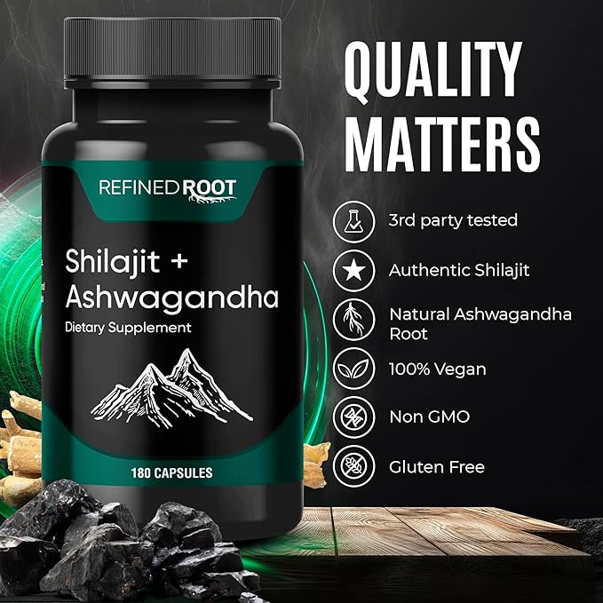 Shilajit Capsules 1000mg & Ashwagandha Supplements 500mg (180 Count) Pure Himalayan Shilajit - (20% Fulvic Acid Supplement) - Ashwagandha Capsules