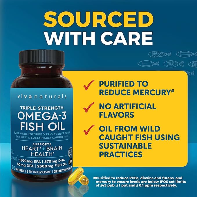 Viva Naturals Omega 3 Fish Oil Supplement for Women and Men - 2500 mg Triple Strength Fish Oil Pills with Re-Esterified Omega 3 Fatty Acids Including EPA, DHA DPA - 90 Pescatarian-Friendly Softgels
