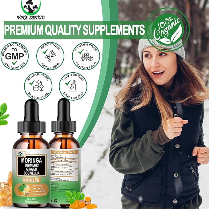 Moringa Drops - Organic Moringa Leaf Extract Liquid with Turmeric Ginger Boswellia for Energy, Skin Health, Gut Health - High Absorption Green Superfood w/Essential Vitamins & Amino Acids