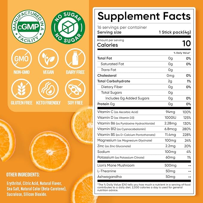 Venture Pal Magnesium Glycinate Powdered Calming Drink Mix with Ashwagandha, Vitamin D, L-Theanine, Lions Mane, Sugar Free Magnesium Supplement Blend for Calm, Relax & Focus, Non GMO, Vegan, 16 Sticks