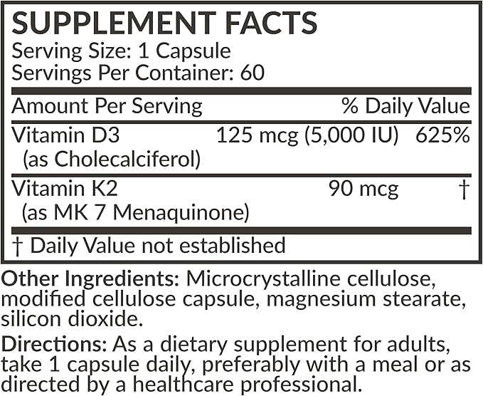 Futurebiotics Vitamin K2 (MK7) with D3 Supplement - Non-GMO Formula - 5000 IU Vitamin D3 & 90 mcg Vitamin K2 MK-7, 60 Vegetarian Capsules