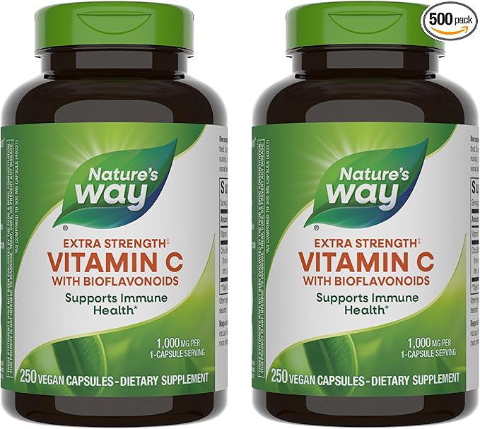 Nature's Way Extra Strength Vitamin C with Bioflavonoids, Supports Immune Health*, Promotes Collagen Production for Healthy Skin*, 1g Vitamin C per Capsule, 250 Capsules (Packaging May Vary) - 2 Pack
