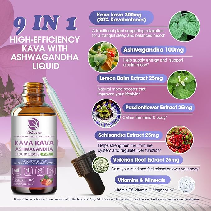(1 pack) Kava Kava Root Extract Supplement - Calming High Concentration Kava w/ Ashwagandha, Lemon Balm, Valerian Root for Relaxation, Liver, Cognitive Support & Immune System,Vegan, Alcohol-Free