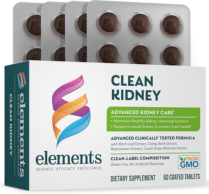 Elements Clean Kidney, 60 Tablets (30 Day Supply), Advanced Kidney Care Supplement, Supports Kidney and Urinary Tract Health and Normal Kidney Function, Gluten Free,