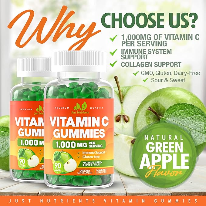 Vitamin C Gummies 1000mg for Adults & Kids - Maximum Strength Chewable Immune Support, Collagen Support - Sour Green Apple Flavor - Gluten Free, Non-GMO, Vegetarian - 90 Gummies (30 Servings)