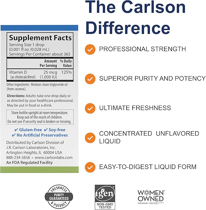 Carlson - Super Daily D3, Vitamin D Drops, 1,000 IU (25 mcg) per Drop, 1-Year Supply, Vitamin D3 Liquid, Heart & Immune Health, Vegetarian, Liquid Vitamin D3 Drops, Unflavored, 365 Drops
