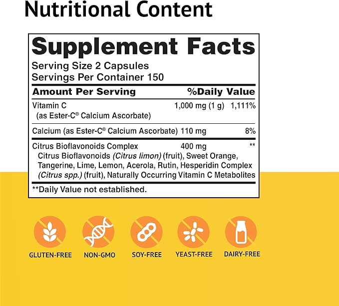 American Health Ester-C with Citrus Bioflavonoids Capsules - 24-Hour Immune Support, Gentle On Stomach, Non-Acidic Vitamin C - Non-GMO, Gluten-Free - 500 mg, 300 Count, 150 Servings