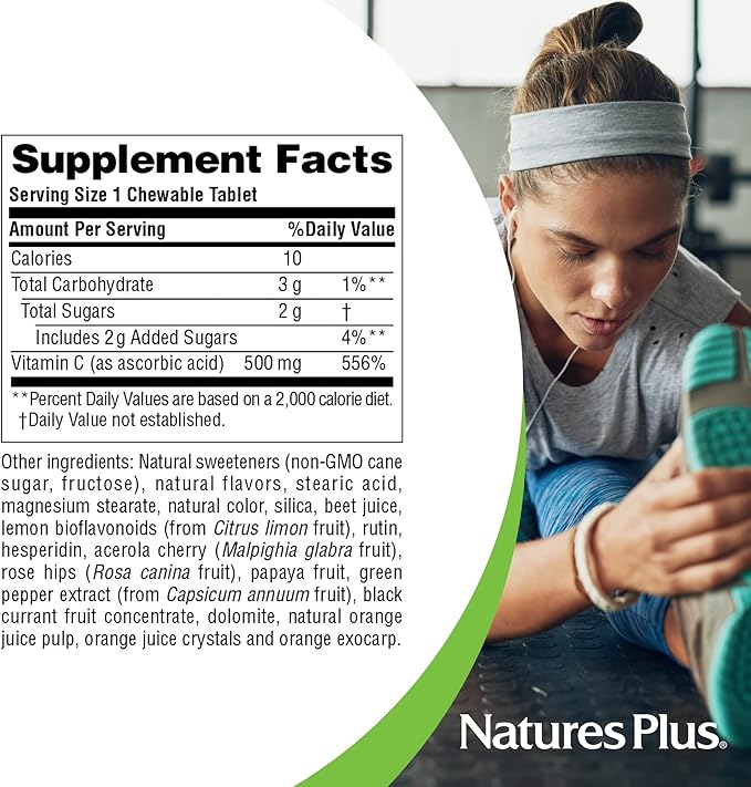 NaturesPlus Orange Juice Chewable Vitamin C - 500 mg, 180 Tablets - High Potency Immune Support Supplement, Antioxidant - Gentle On Stomach -Vegetarian, Gluten-Free - 180 Servings