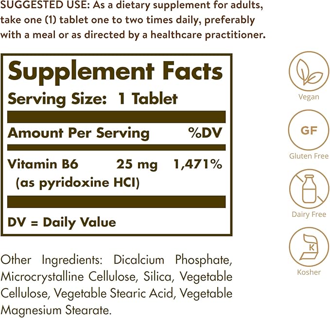 Solgar Vitamin B6 25 mg, 100 Tablets - Supports Energy Metabolism, Heart Health & Healthy Nervous System - B Complex Supplement - Vegan, Gluten Free, Dairy Free, Kosher - 100 Servings