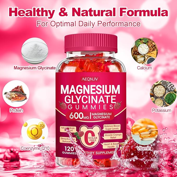 Magnesium Glycinate Gummies 600mg, Sugar Free Magnesium Gummies for Adults with Magnesium L-Threonate, Chewable Magnesium Potassium Supplements for Sleep, Body Support and Relaxation, 120 Count