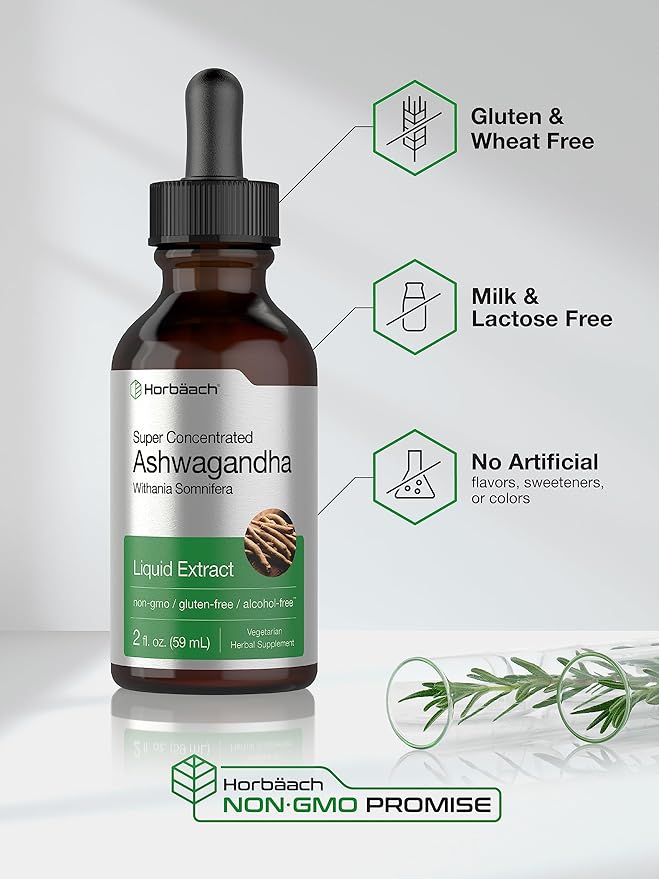 Horbäach Ashwagandha Root Liquid Extract | 2 fl oz | Alcohol Free Tincture | Vegetarian, Non-GMO, Gluten Free Supplement