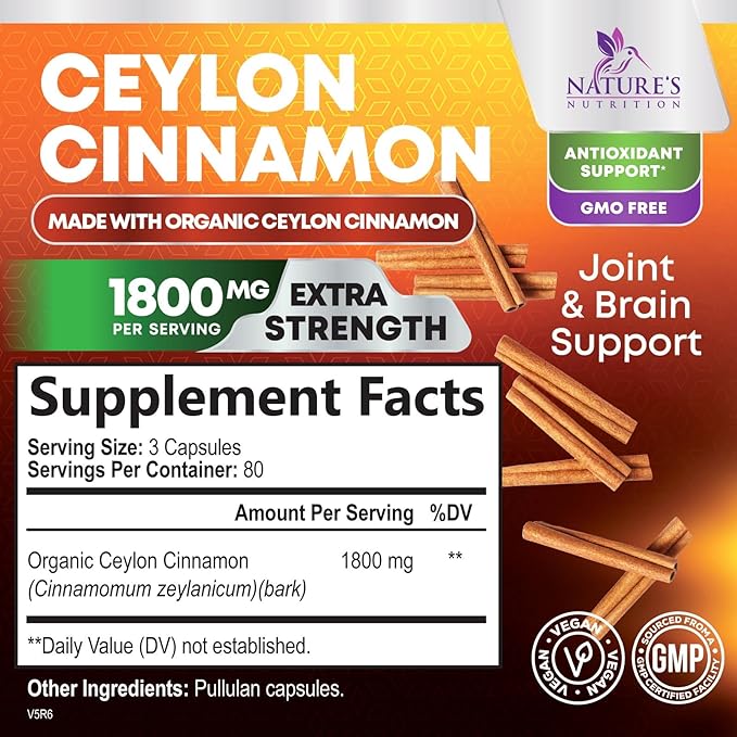 Organic Ceylon Cinnamon Supplement 1800mg - Certified Organic Ceylon Cinnamon Powder Pills - Energy & Heart Support for Women & Men, Bottled in USA, Antioxidant, Gluten Free, Non-GMO - 240 Capsules