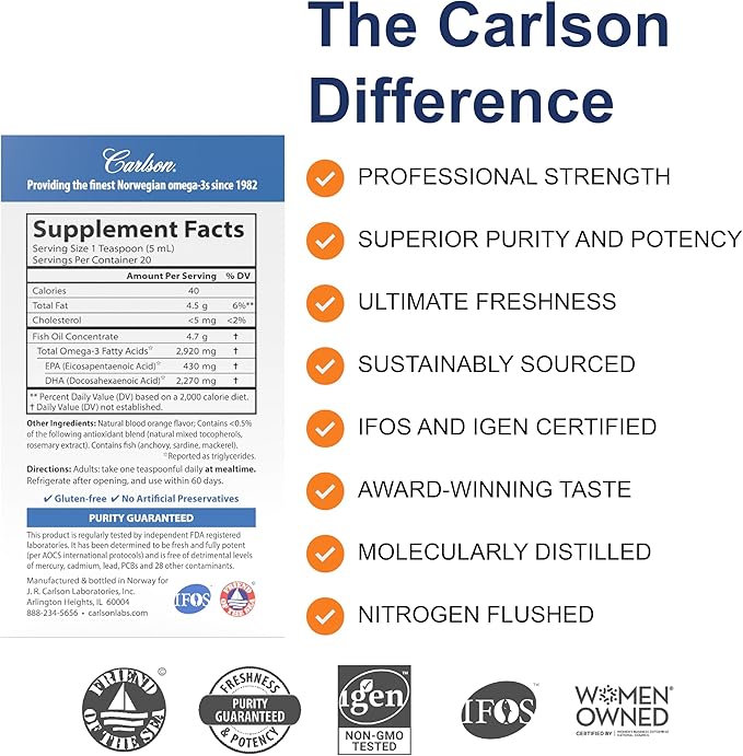 Carlson - Elite DHA, 2270 mg DHA, Professional Strength, Norwegian Fish Oil Concentrate, Cognitive Function & Vision Support, Orange, 100 mL