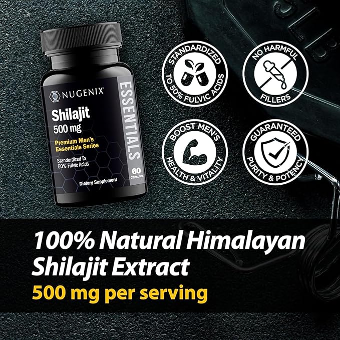 Nugenix Essentials Shilajit Capsules Supplement - 500mg, Standardized to 50% Fulvic Acids, Himalayan, Pure Shilajit for Men, 120 Capsules