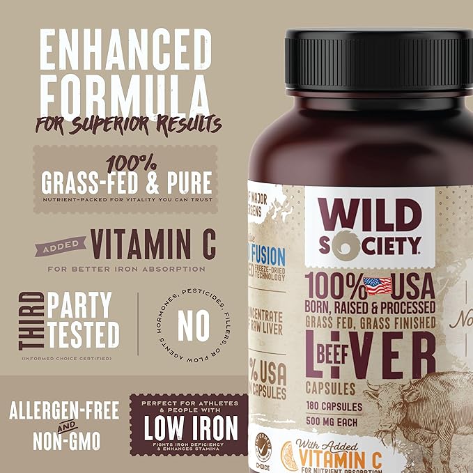 WILD SOCIETY - USA Grass Fed Beef Liver Capsules - 3000mg Max Strength for Energy, Stamina, Natural Detox, Hair & Nail - Non GMO, Allergen Free, Beef Liver Supplement - 180 Desiccated Capsules