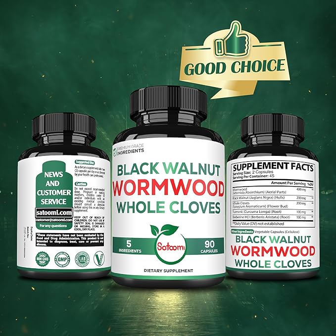 Satoomi 5 in 1 Wormwood Capsules Supplement - with Black Walnut Cloves Turmeric and Berberine HCl - 90 Capsules - Immune System & Digestion Health