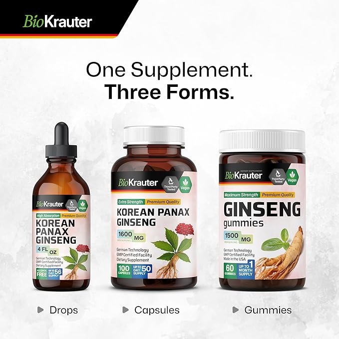 BIO KRAUTER Korean Red Ginseng Capsules - 1600 mg Strength - 100 Count - Korean Panax Ginseng Supplement - Vegan Immune Supplement