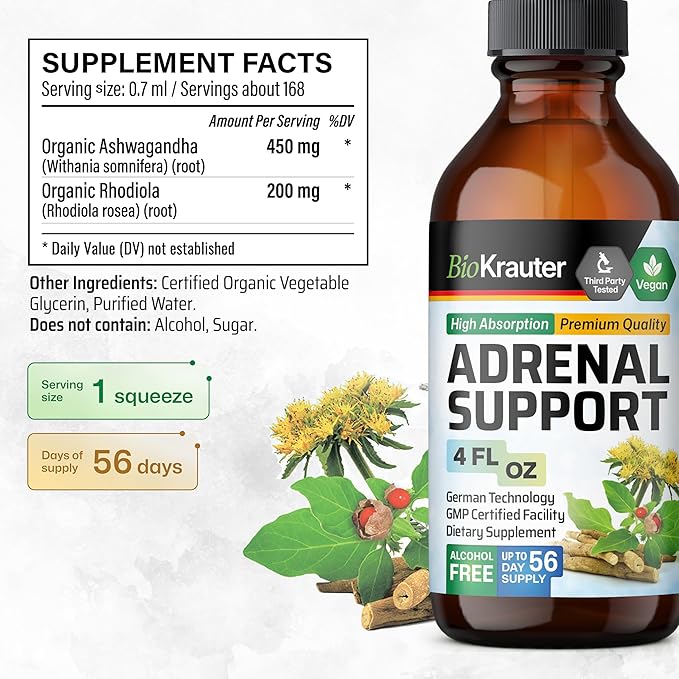 BIO KRAUTER Adrenal Support Tincture - Rhodiola & Ashwagandha Supplements - Vegan Mood Support Drops 4 Fl.Oz.