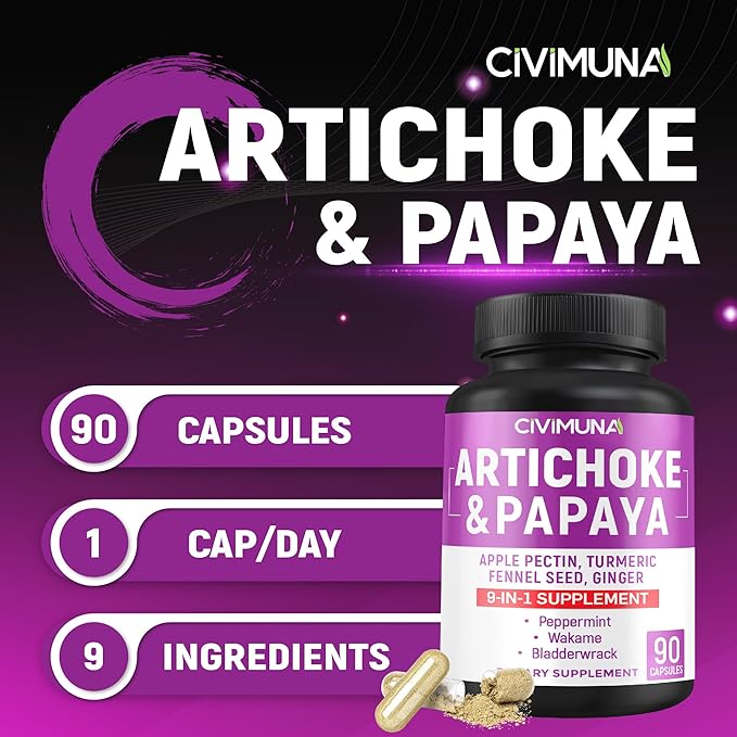 Artichoke Capsules with Artichoke, Papaya, Apple Pectin and More - 90 Capsules for 3 Months Supply