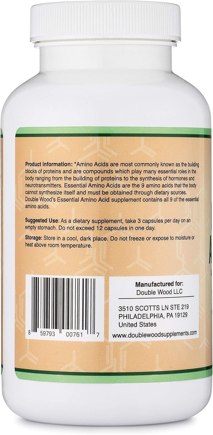 Essential Amino Acids - 1 Gram Per Serving Powder Blend of All 9 Essential Aminos (EAA) and All Branched-Chain Aminos (BCAAs) (Leucine, Isoleucine, Valine) 225 Capsules, Gluten Free by Double Wood