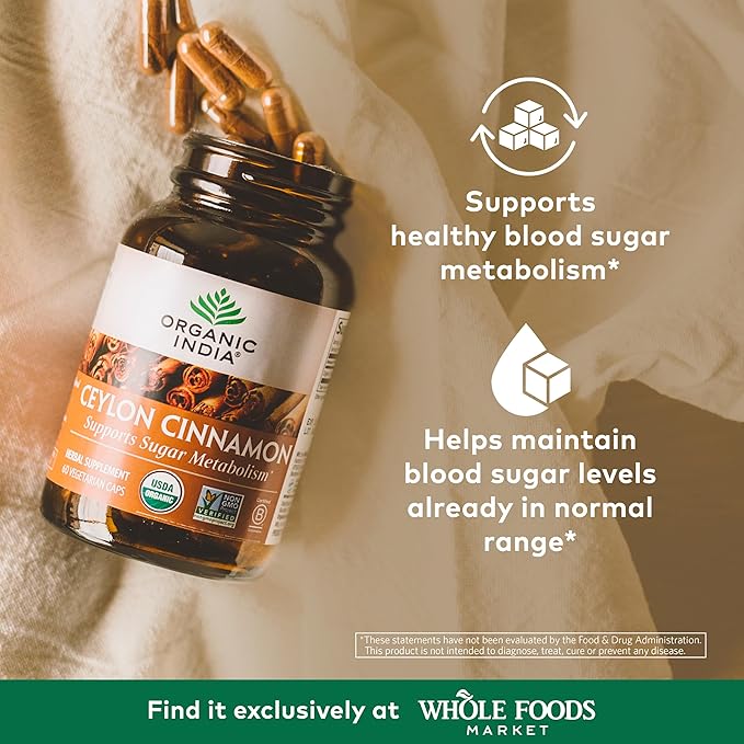 ORGANIC INDIA Ceylon Cinnamon Supplement - Organic Ceylon Cinnamon Capsules, Cinnamon Pills Herbal Supplement, Support Digestion, Source of Antioxidants, USDA Organic, Vegan, Gluten-Free - 60 Capsules
