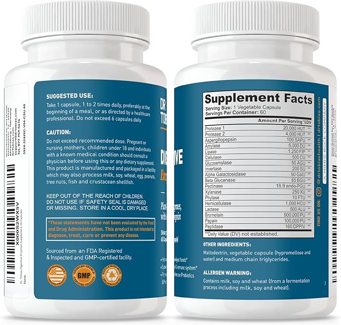 Dr. Tobias Digestive Enzymes with Amylase, Bromelain, Lipase, Lactase, Protease, Papain & More, Digestion Supplement with 18 Enzymes for Digestion and Gut Health, 60 Capsules, 30 Servings