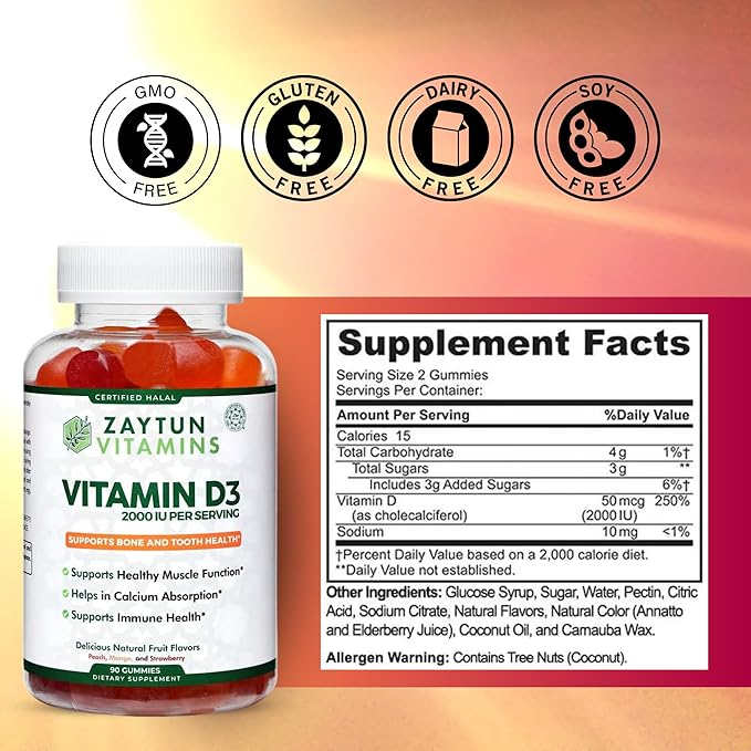 Zaytun Halal Vitamin D3 2000 IU Gummies, Supports Bone & Immune Health, Promotes Muscle Function, Gluten & Gelatin Free, (3-Pack) - Made in USA