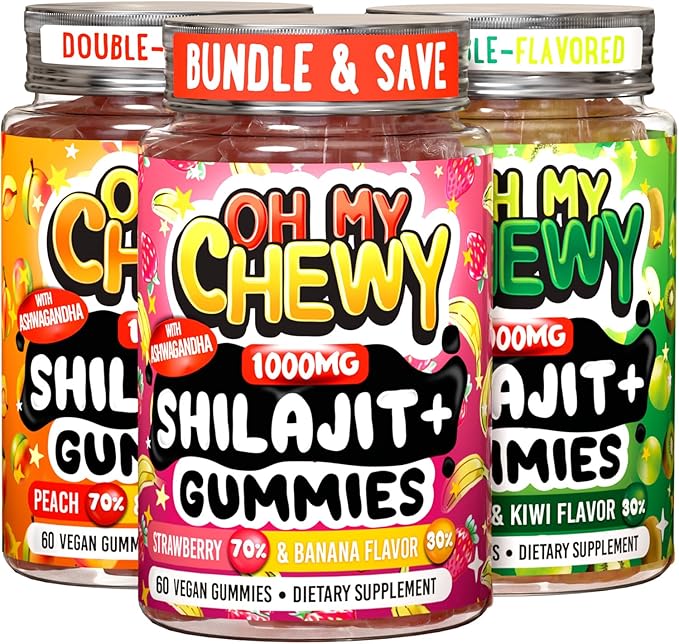 Pure Himalayan Shilajit Gummies - 100% Authentic Shilajit Reisin Extract for Men and Women with Ashwagandha and Shatavari - 60 Gummy - Strawberry & Banana, Apple & Kiwi and Peach & Mango Bundle