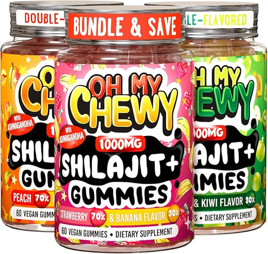 Pure Himalayan Shilajit Gummies - 100% Authentic Shilajit Reisin Extract for Men and Women with Ashwagandha and Shatavari - 60 Gummy - Strawberry & Banana, Apple & Kiwi and Peach & Mango Bundle
