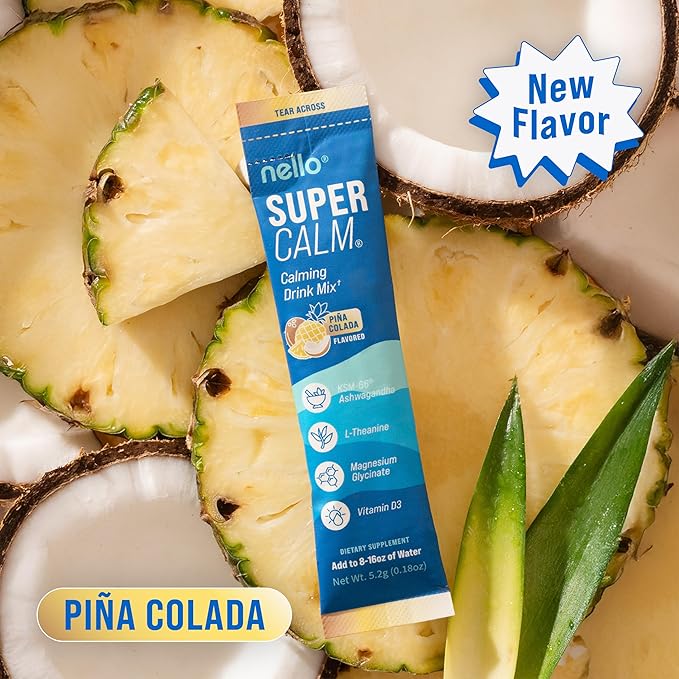 Supercalm Drink Mix - Ashwagandha KSM 66, Magnesium Glycinate & L-Theanine Supplement - Ashwagandha Root Extract - Focus and Relaxation Support (20 Travel Packets) - Pina Colada