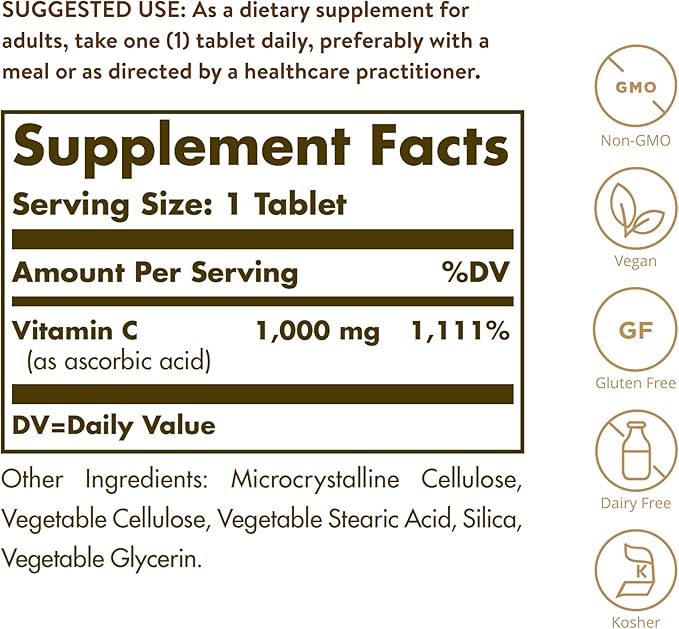 Solgar Vitamin C 1000 mg, 90 Tablets - Antioxidant & Immune Support, Overall Health, Healthy Skin & Joints - Bioflavonoids Supplement - Non-GMO, Vegan, Gluten Free, Kosher - 90 Servings