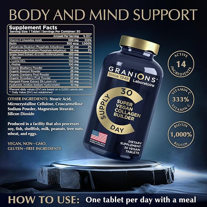 Vegan Collagen Supplements for Women & Men - Plant Based Collagen Boost for Hair, Skin, Nails, Joints - Vegan Biotin, Hyaluronic Acid, Amino Acids, Organic Collagen Peptides - 60 Collagen Vegan Pills