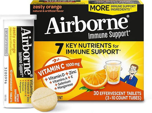 Airborne Vitamin C 1000mg (per Serving) - Zesty Effervescent Tablets, Gluten-Free Immune Support Supplement, Echinacea & Ginger, Orange, Citrus, 30 Count (Pack of 3)