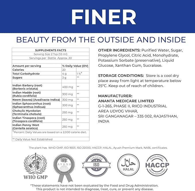 Finer Skin Health Supplement Liquid Supplement, Natural Formula, 6.76 Oz