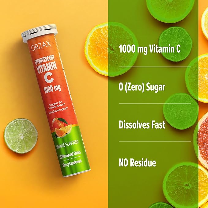 ORZAX Vitamin C 1000 mg Effervescent Tablets | Sugar Free, Gluten Free, GMO Free | Dissolvable Vitamin C Supplement for Immune Support & Antioxidant Support | Orange Flavored (1000mg - 20 Tablets)