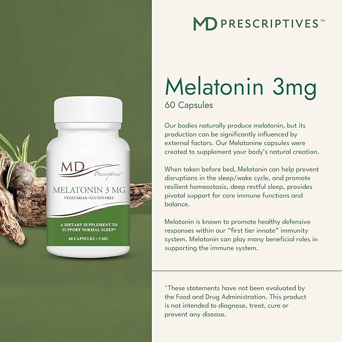 Melatonin 3mg Supplement for Men & Women - Promotes Deep Sleep, Supports Immune Balance & Glutathione Production - 60 Daily Capsules