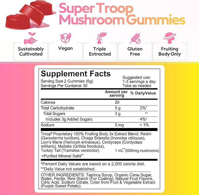 Troop Daily Super 6 Blend Mushroom Gummies for Adults and Children - Immunity, Vitality, Mood, Balance, Gut Health, Energy Supplement with Triple Extracted Fruit Body Blend - Vegan, 60 Count