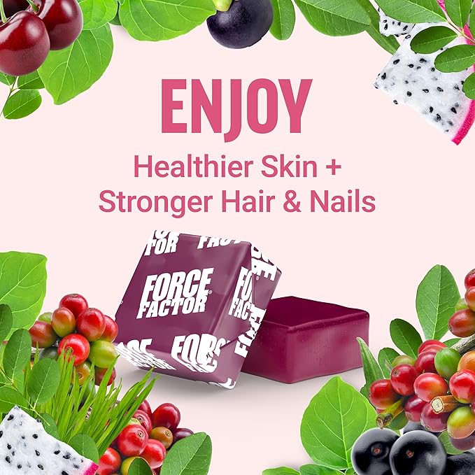 FORCE FACTOR Collagen Boosting Superfoods, Vegan Collagen Booster for Women, With Biotin, Hyaluronic Acid, and Vitamin C, For Hair, Skin, Nails, & Joint Support, Tropical Fruit, 120 Soft Chews, 2-Pack
