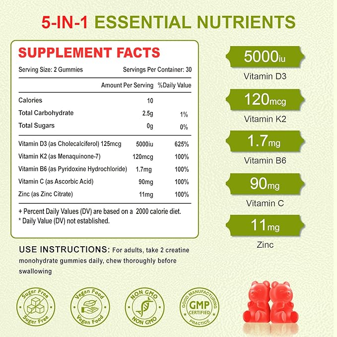 Vitamin D3 K2 Gummies for Adults, Vitamin D3 5000 IU & K2 (MK7) 120mcg, Sugar-Free D3 K2 Supplements with Vitamin B6, C & Zinc, Support Bone, Teeth, Muscle & Immunity, 120 Count