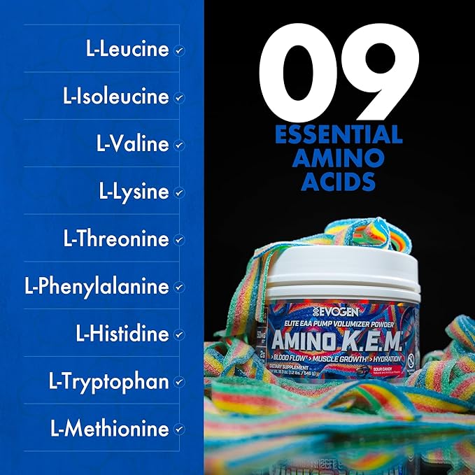 Evogen Amino K.E.M. - EAA & BCAA Powder Pump Volumizer | BCAAs Amino Acids Supplement for Blood Flow, Muscle Growth, & Hydration | Sour Candy | 30 Servings
