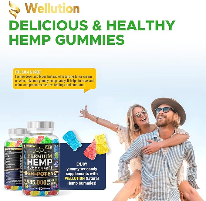 WELLUTION Sugar-Coated Hemp Gummies – High Potency 2,985,000 MCG – Natural Fruity Bears for Relaxation and Peace - Fast-Acting - 60ct