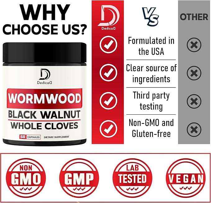 12in1 Wormwood Capsules Black Walnut Cloves, Ginger, Turmeric Curcumin & Black Pepper - Support Digestion Health, Immune System - 60 Capsules