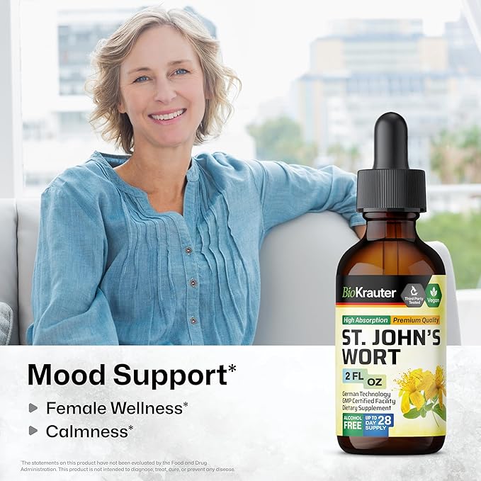 BIO KRAUTER St John's Wort Tincture - Hypericum Perforatum Liquid Extract for Mood Support - High Absorption - Vegan Drops 2 Fl.Oz.