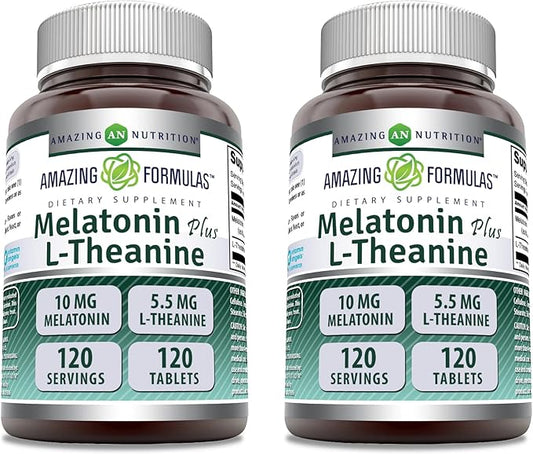 Amazing Formulas Melatonin 10 Mg Plus L-Theanine 5.5 Mg Supplement | 120 Tablets | Non-GMO | Gluten Free | Made in USA | Pack of 2