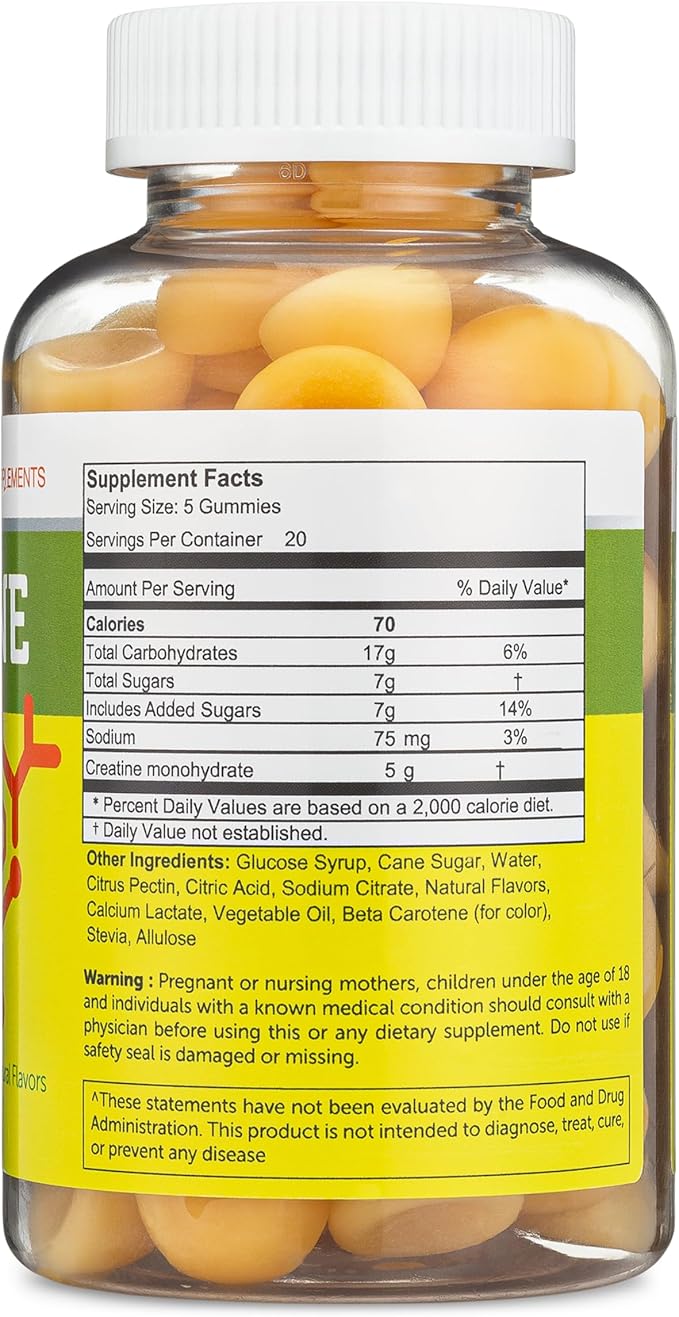 Creatine Monohydrate Gummies for Men and Women (100 Count, Large Bottle Size, 5,000 mg) Natural Chew Bulk Size Made in The USA