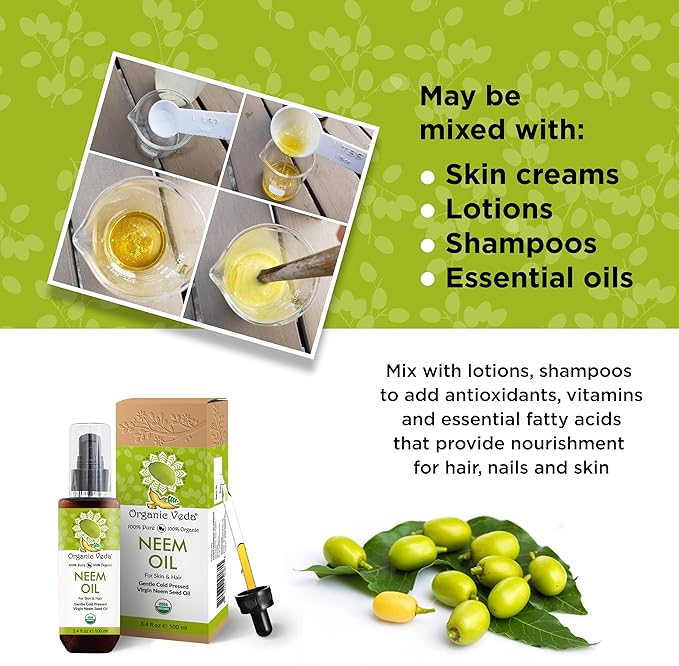 Organic Veda Neem Oil - Pure, Cold Pressed & Organic Neem Oil for Skin, Hair, Face, Body, Scalp - Natural Moisturizer, Virgin Neem seed oil - Rich in Vitamin E, Fatty Acids, Antioxidants - 3.4 fl oz