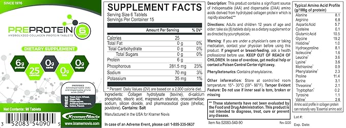 PreProtein® Unflavored Hydrolyzed Collagen Protein Sugar-Free Fat-Free Carb-Free, Amino Acids Protein Tablets, Used by Healthcare Systems, 90 Tablets